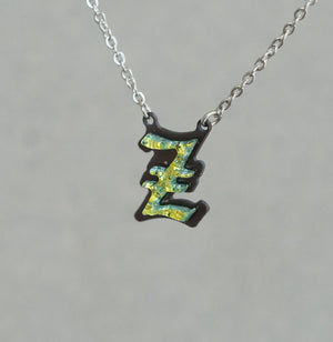 Z  Initial letter Necklace Old English Font Gold color Fused Dichroic Glass on a Stainless Steel base