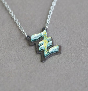 Z  Initial letter Necklace Old English Font Gold color Fused Dichroic Glass on a Stainless Steel base