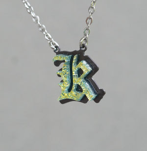 Initial letter Necklace K Old English Font Gold color Fused Dichroic Glass on a Stainless Steel base