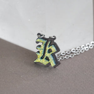 Initial letter Necklace K Old English Font Gold color Fused Dichroic Glass on a Stainless Steel base