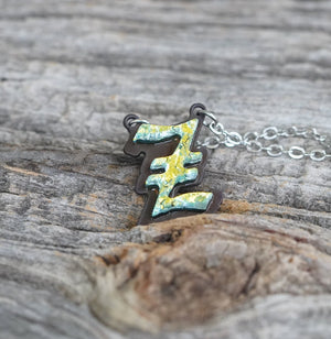 Z  Initial letter Necklace Old English Font Gold color Fused Dichroic Glass on a Stainless Steel base