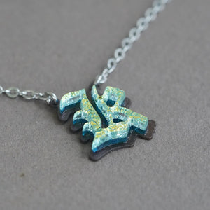 Initial letter Necklace K Old English Font Gold color Fused Dichroic Glass on a Stainless Steel base
