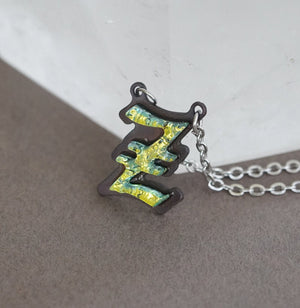 Z  Initial letter Necklace Old English Font Gold color Fused Dichroic Glass on a Stainless Steel base