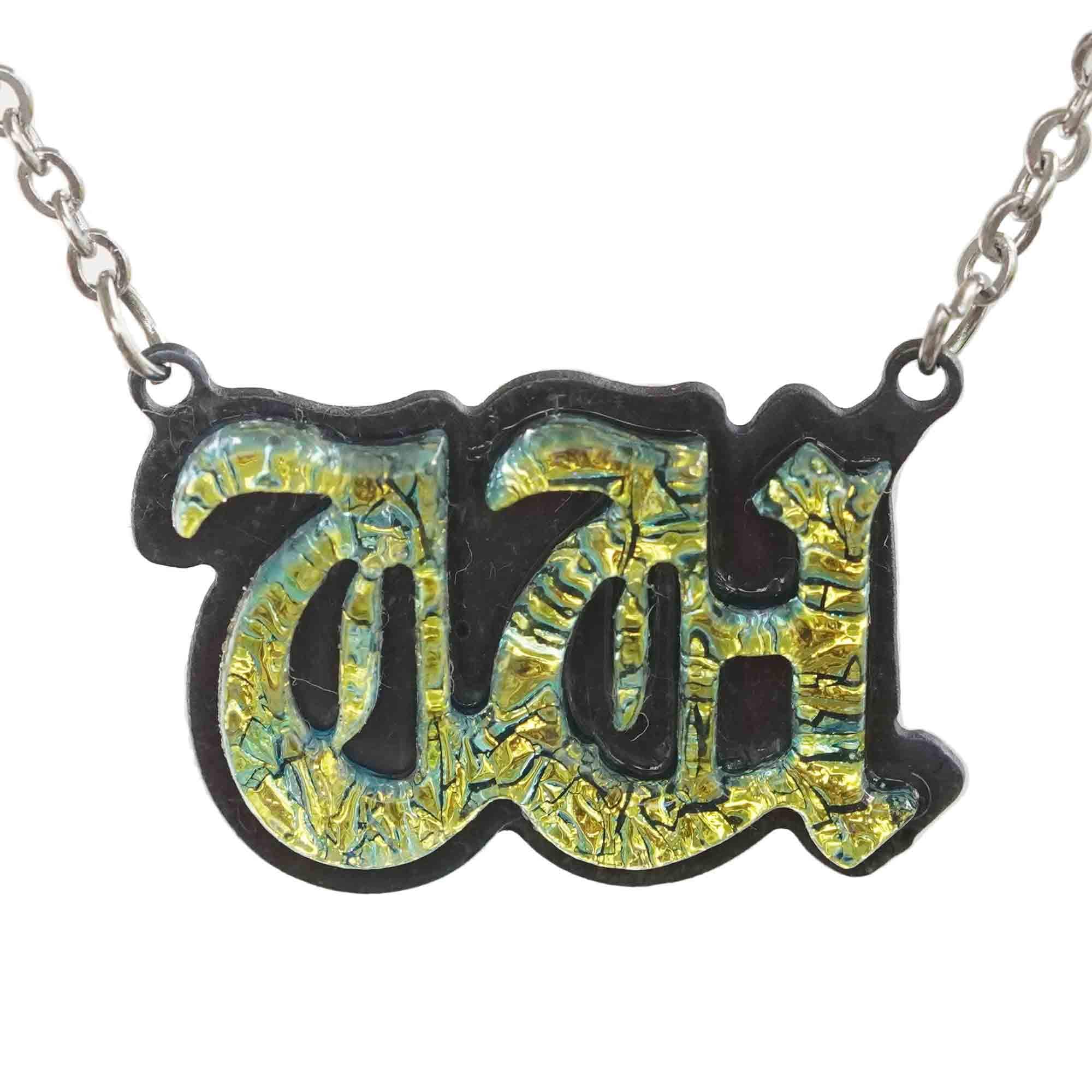 Initial letter Necklace W Old English Font Gold color Fused Dichroic Glass on a Stainless Steel base