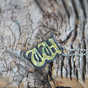 Initial letter Necklace W Old English Font Gold color Fused Dichroic Glass on a Stainless Steel base