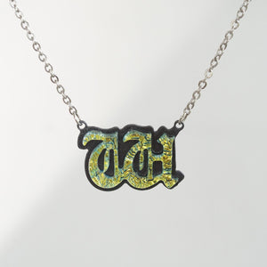 Initial letter Necklace W Old English Font Gold color Fused Dichroic Glass on a Stainless Steel base