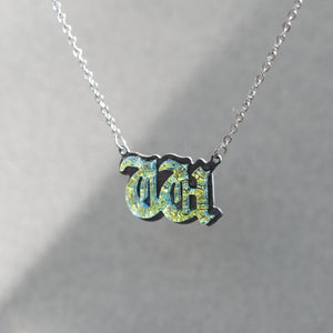 Initial letter Necklace W Old English Font Gold color Fused Dichroic Glass on a Stainless Steel base