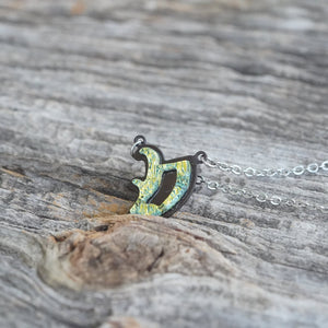 Initial letter Necklace V Old English Font Gold color Fused Dichroic Glass on a Stainless Steel base