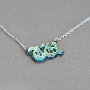 Initial letter Necklace W Old English Font Gold color Fused Dichroic Glass on a Stainless Steel base