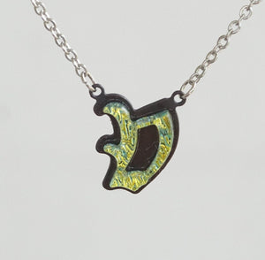 Initial letter Necklace V Old English Font Gold color Fused Dichroic Glass on a Stainless Steel base