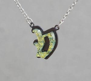 Initial letter Necklace V Old English Font Gold color Fused Dichroic Glass on a Stainless Steel base