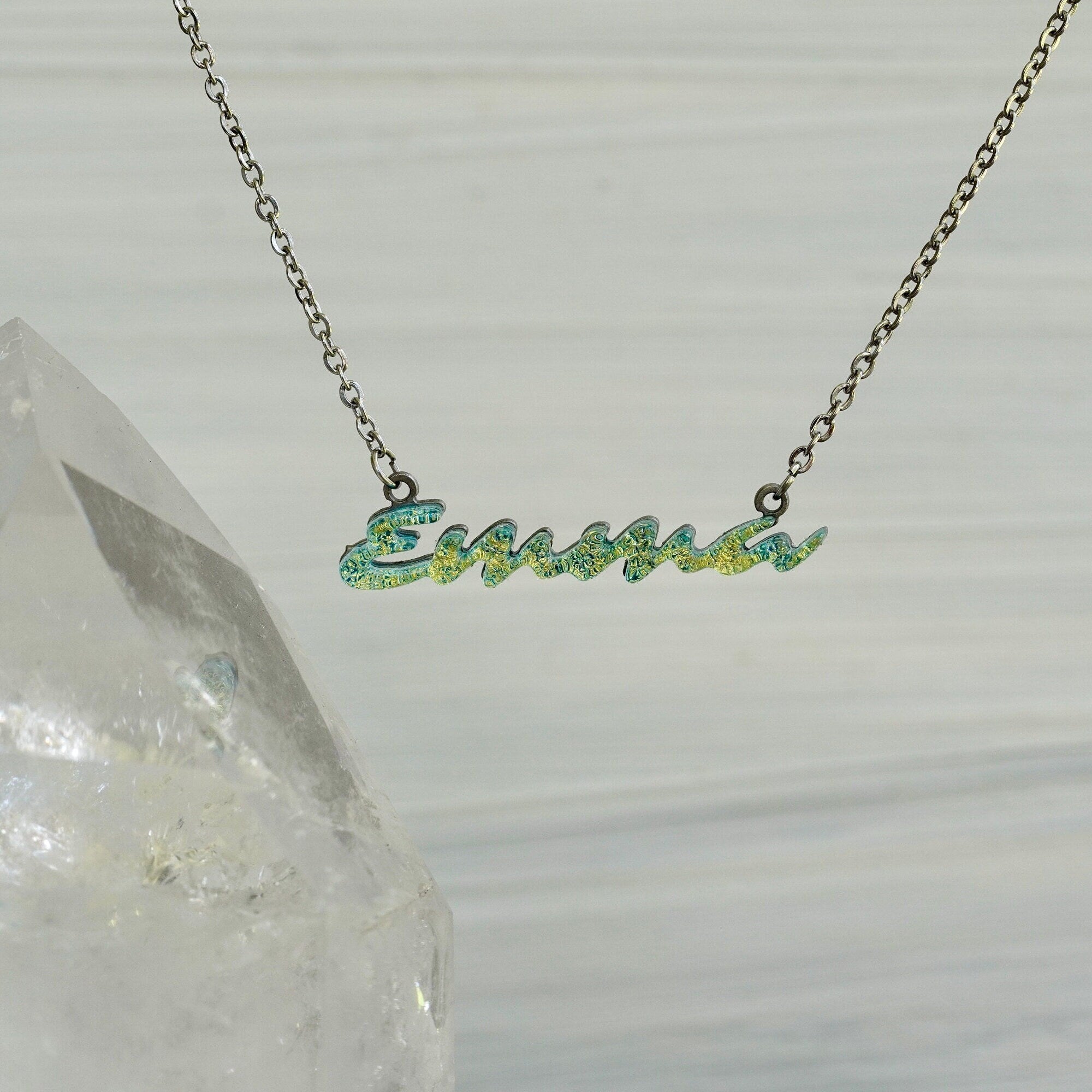 Name Necklace personalized in fused glass with stainless steel base