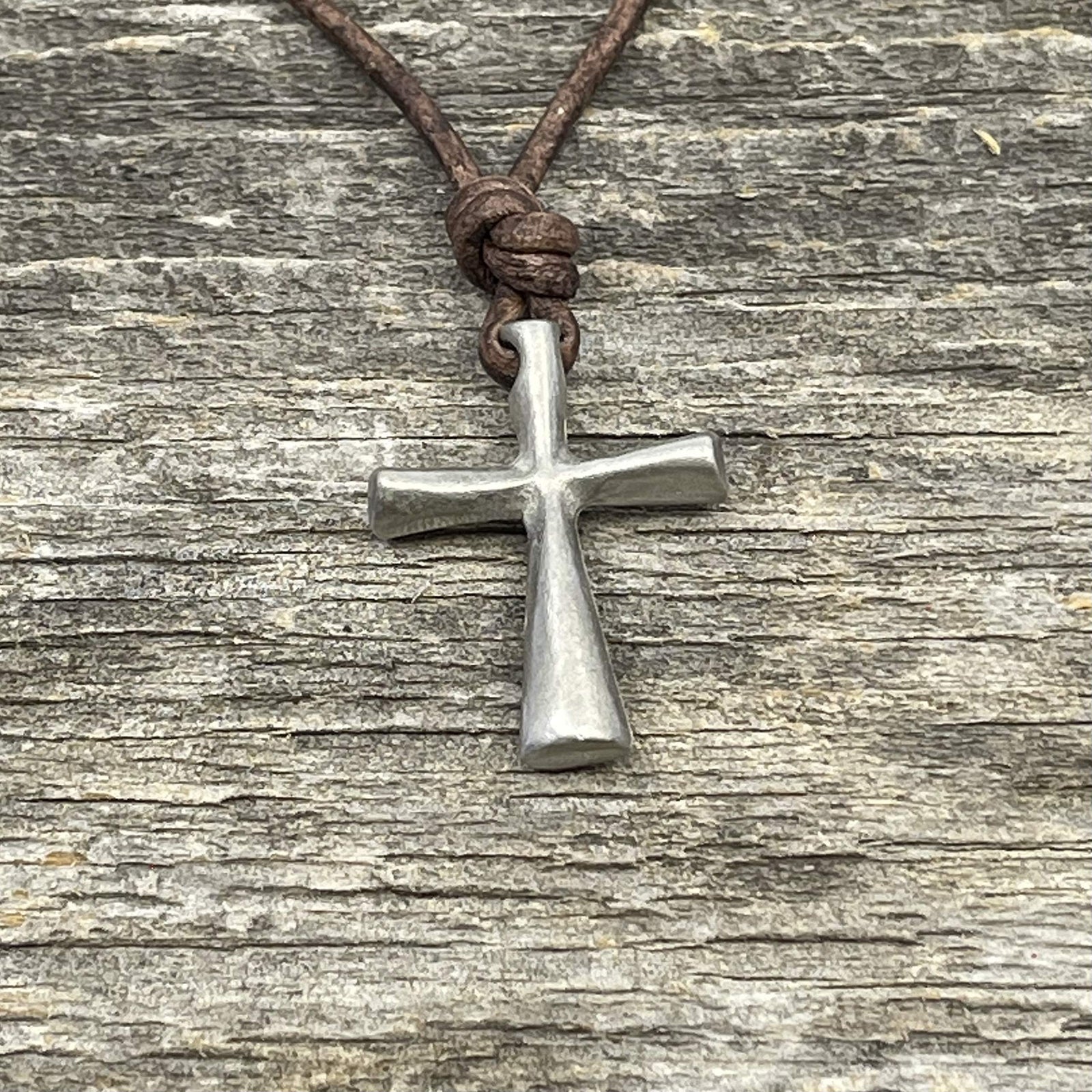 Religious Pewter Cross Pendant Necklace Christian Jewelry Collection Handmade Mens Gift Brown Leather Cord Adjustable Length Faith Based Accessory Perfect Dad Present Special Holiday Gift Traditional Design Sacred Symbol Daily Wear