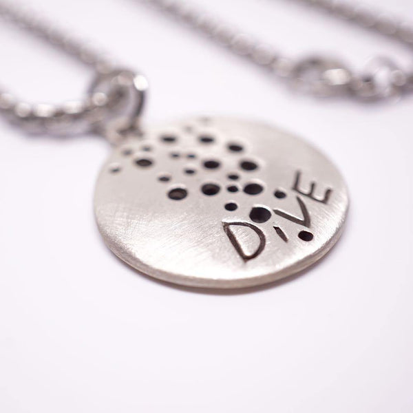 Round sterling silver scuba coin pendant with dive and bubbles design