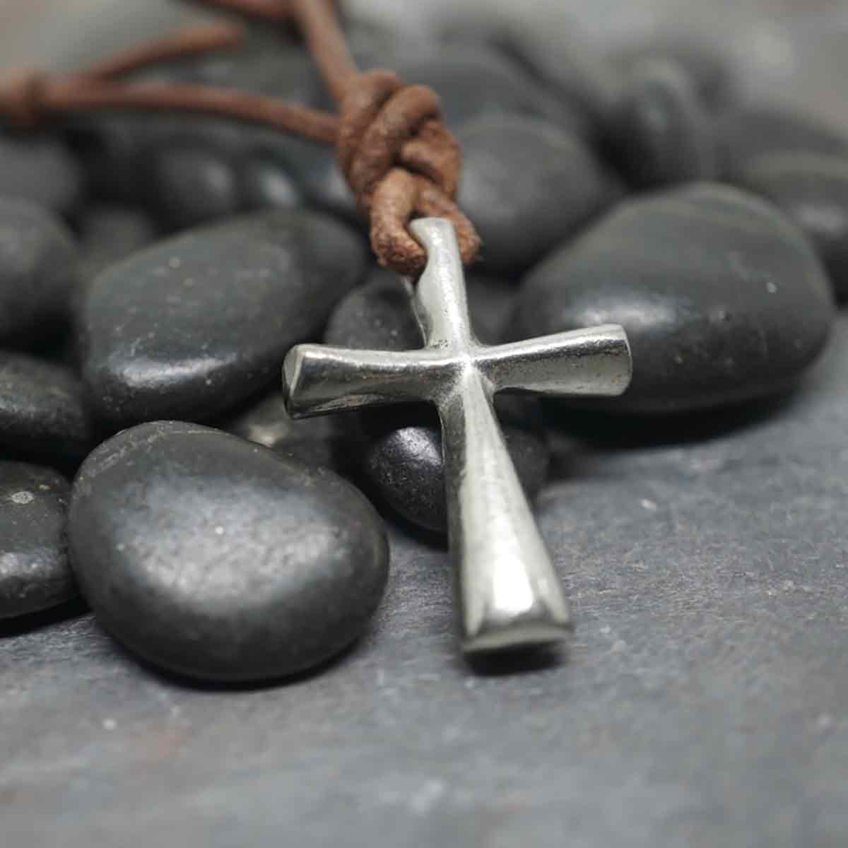 Mens Pewter Cross Leather Cord Necklace – Sol Creations