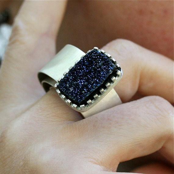One of a kind Druzy in Sterling silver adjustable coil ring - Zulasurfing Jewelry
 - 1