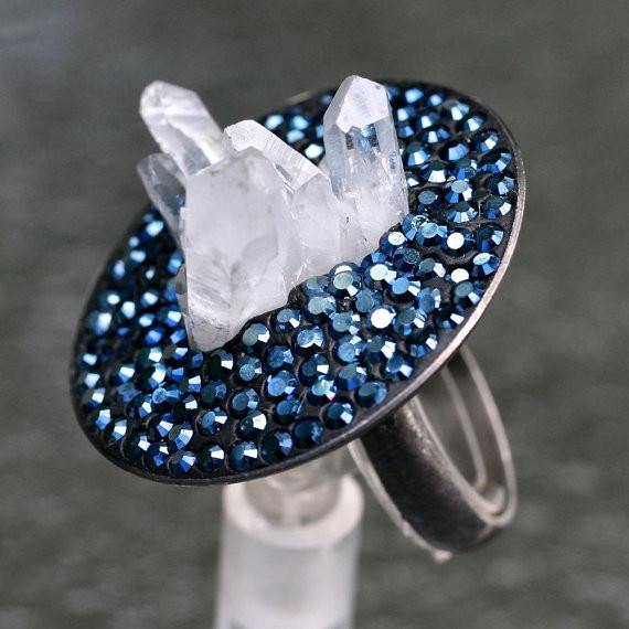 Rhodium plated silver ring with Rock crystal & swarovski crystals - Zulasurfing Jewelry
 - 2