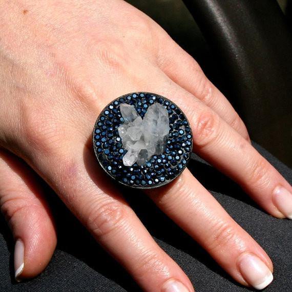 Rhodium plated silver ring with Rock crystal & swarovski crystals - Zulasurfing Jewelry
 - 4