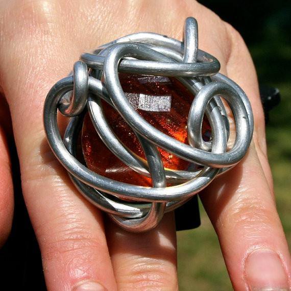 One of a kind dichroic glass and aluminum wire wrapped ring size 7.5 - Zulasurfing Jewelry
 - 1