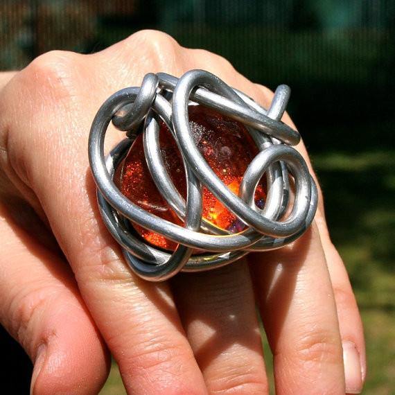 One of a kind dichroic glass and aluminum wire wrapped ring size 7.5 - Zulasurfing Jewelry
 - 3