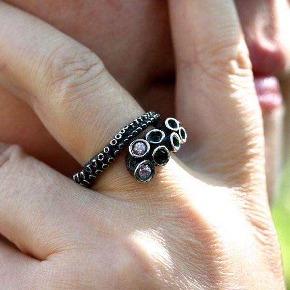 Silver Octopus tentacle ring a black diamond & stones - Zulasurfing Jewelry
 - 1