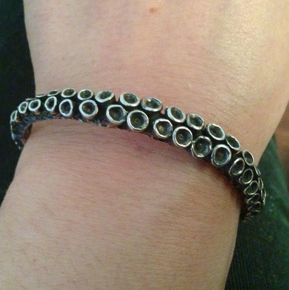 Octopus tentacle cuff bracelet in sterling silver, front view