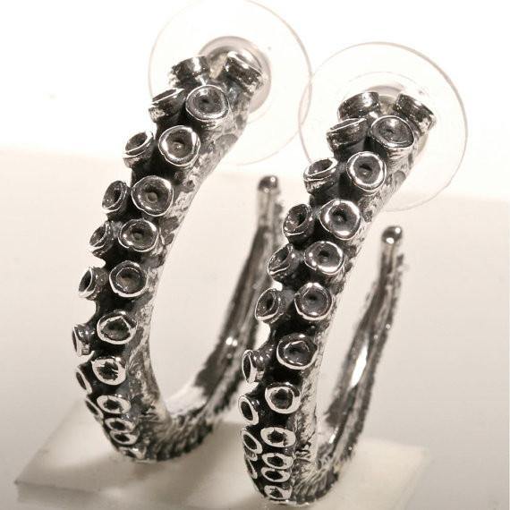 Octopus tentacle hoop earrings, size comparison