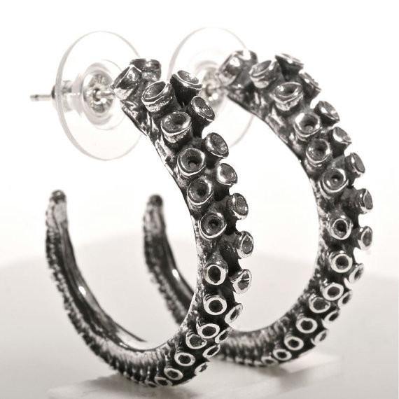Octopus tentacle hoop earrings in sterling silver, front view