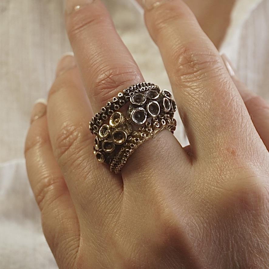 Octopus tentacle ring in silver and brass, comparison view
