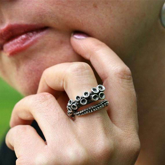 Octopus tentacle ring in sterling silver showing adjustable open shank design