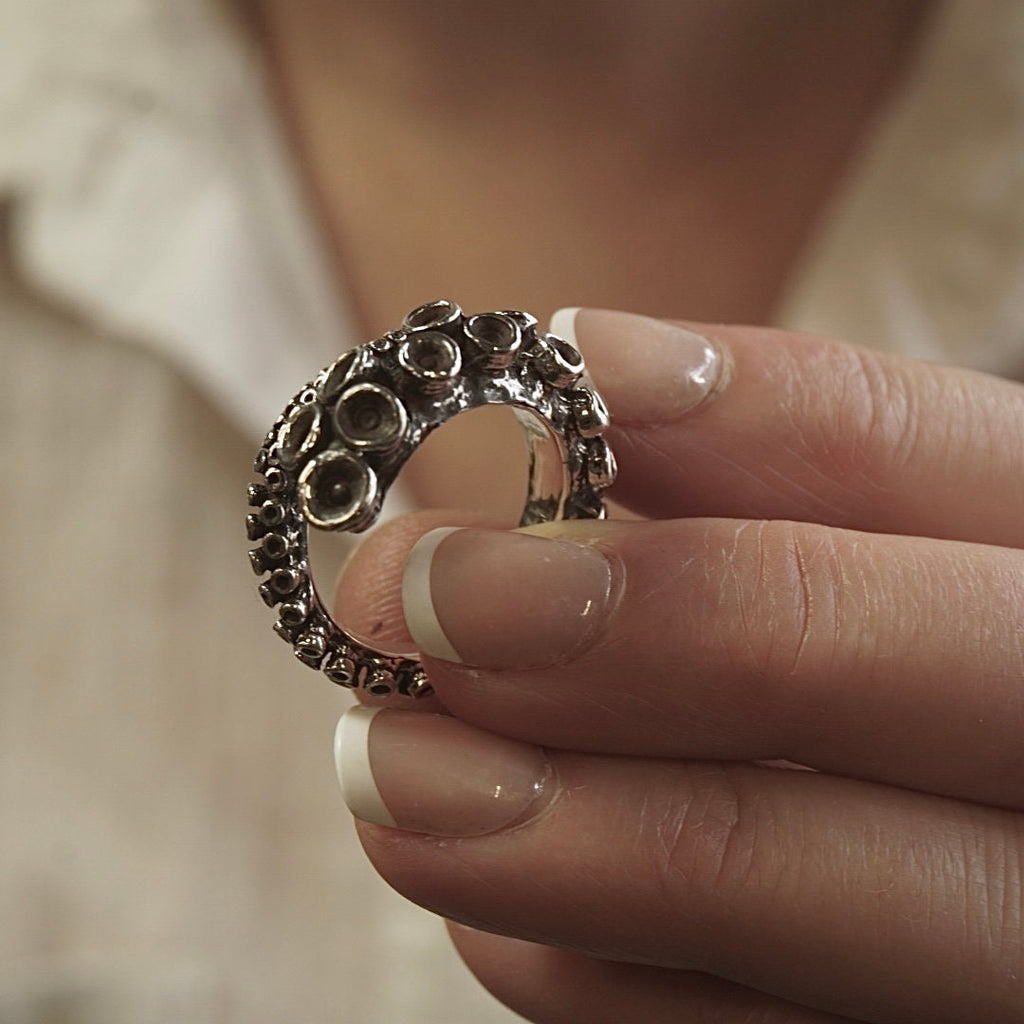Sterling silver octopus tentacle ring cast from a perfect mold of the tentacle, handcrafted by Zulasurfing Studios