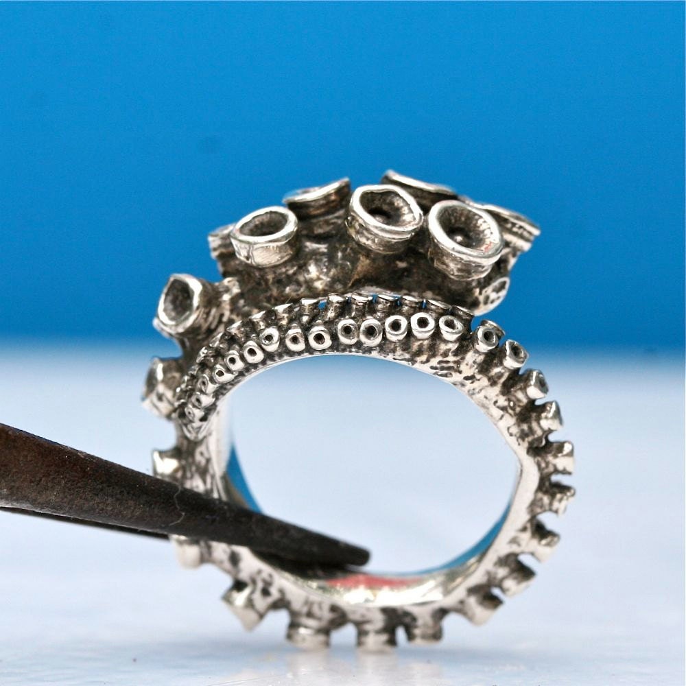 Close-up of sterling silver octopus ring suction cup texture, sizes 4½–12½