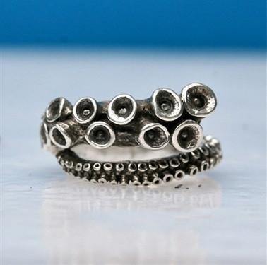 Octopus tentacle ring in sterling silver, cast from a perfect mold of the tentacle, front view