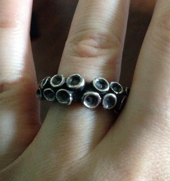 Octopus tentacle wedding band ring in sterling silver, size 10, front view
