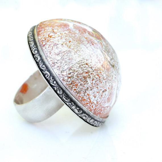 Huge hand made Sterling silver ring size 6 with Dichroic Glass - Zulasurfing Jewelry
 - 5