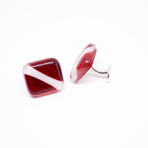 Diver down flag cufflinks in sterling silver with red and white fused glass